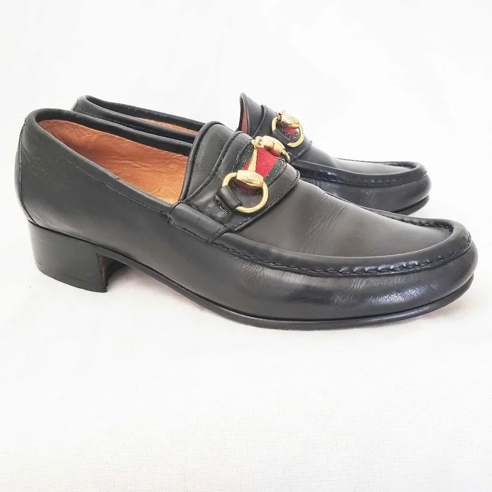 Vintage Gucci  Men’s Black Leather Gold Horsebit Loafers Shoes Green Red 41 M
